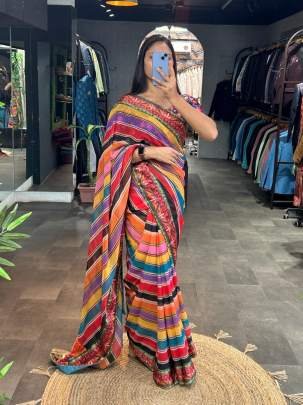 Bollywood Alia Multi Lining Georgette Sequence Saree