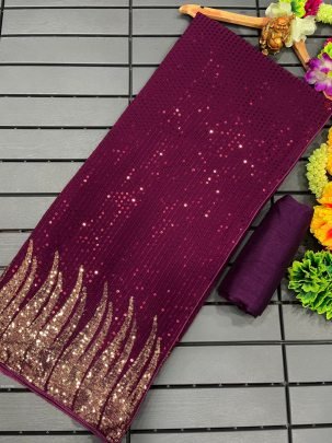 Bollywood BlockBuster 60 gram Georgette Wine Sequence Saree 