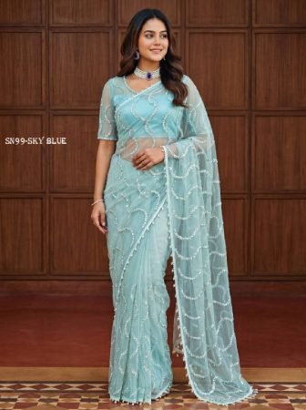 Bollywood Style Net Saree With Pearl  Work For Women