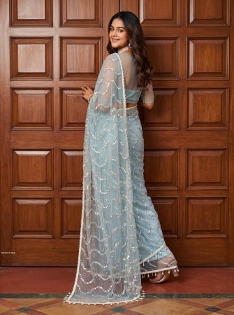 Bollywood Style Net Saree With Pearl  Work For Women