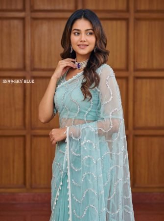 Bollywood Style Net Saree With Pearl  Work For Women