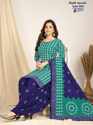 Bottle Green And Blue Pure Cotton Readymade Printed Patiala Suits