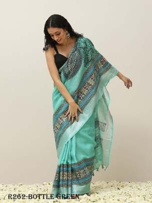 Bottle Green Beautiful Digital Printed Linen Saree