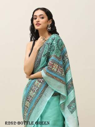 Bottle Green Beautiful Digital Printed Linen Saree