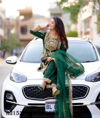 Bottle Green Chinon Silk Sequins Embroidery Work Top palazzo Dupatta Set