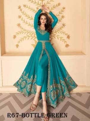 Bottle Green Embordered Semi Suits With Full Flair