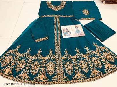 Bottle Green Embordered Semi Suits With Full Flair