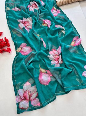 Bottle Green Flower Printed And Handwork Soft Georgette Saree With Silk Blouse