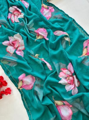 Bottle Green Flower Printed And Handwork Soft Georgette Saree With Silk Blouse