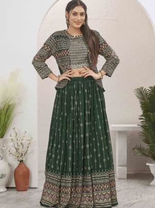 Bottle Green Georgette Readymade Lehenga With Jacket