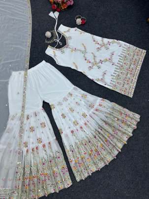 Boutique Collection White Party Wear Georgette Sharara Suits
