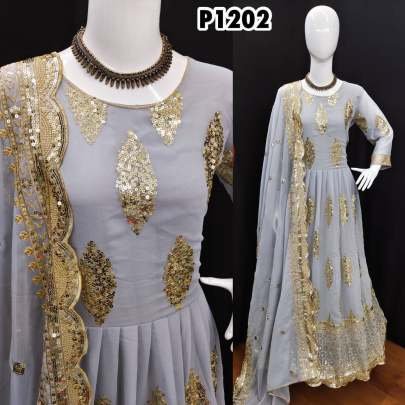 Boutique Style Dj Wear Gray Colour Gown Pant Dupatta Set