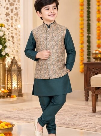 Boys Dark Teal Green Kurta Pyjama Set with Printed Nehru Jacket