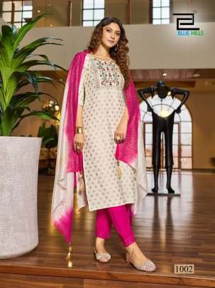 Branded Off White Flower Embroidery Work Rayon Three Piece Kurtis Set