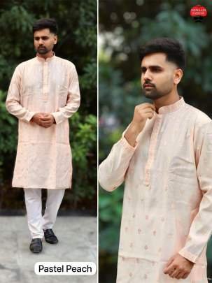 Branded Pastel Peach Embroidery Work Men Silk Kurta Set