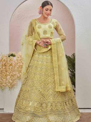 Bridal Light Yellow Stone and Embroidered Work Net Lehenga choli