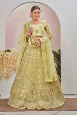 Bridal Light Yellow Stone and Embroidered Work Net Lehenga choli