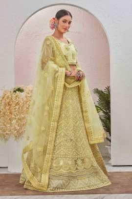 Bridal Light Yellow Stone and Embroidered Work Net Lehenga choli