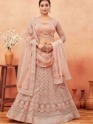 Bridal Peach Stone and Embroidered Work Net Lehenga choli