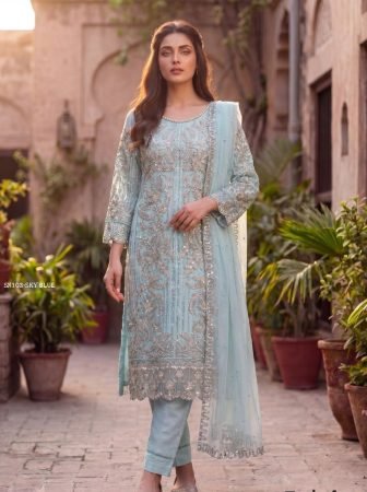 Bridal Style Sky Blue Embroidered Suit for Women