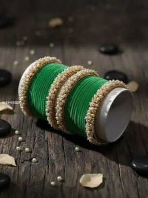 Bridal  Wear Green Velvet Bangle With Pearl Kada 