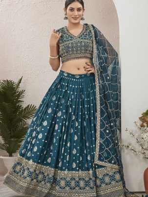 Bridal Wear Petro Blue Rama Dola Silk Embroidered  Stitched Lehenga Choli