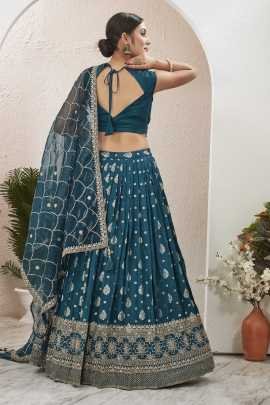 Bridal Wear Petro Blue Rama Dola Silk Embroidered  Stitched Lehenga Choli