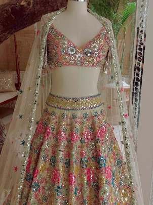 Bridesmaids Multi color Floral Pattern butterfly Net Lehenga Choli