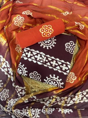 Brown And Orange Wax Batik Pure Cotton Dress Material