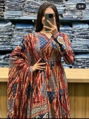 Brown Angarkha Style Printed Cotton Anarkali Kurti Set
