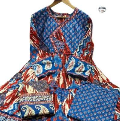 Brown Angarkha Style Printed Cotton Anarkali Kurti Set