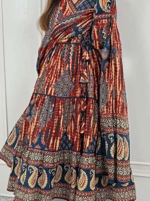 Brown Angarkha Style Printed Cotton Anarkali Kurti Set