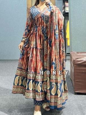 Brown Angarkha Style Printed Cotton Anarkali Kurti Set