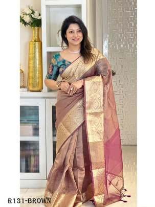 Brown Banarasi Tissue Silk Saree With Weaving Zari Work