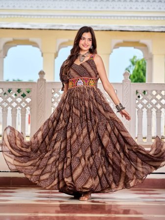Brown Bandhani Print Gown with Gamathi Work And Real Mirror