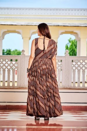 Brown Bandhani Print Gown with Gamathi Work And Real Mirror