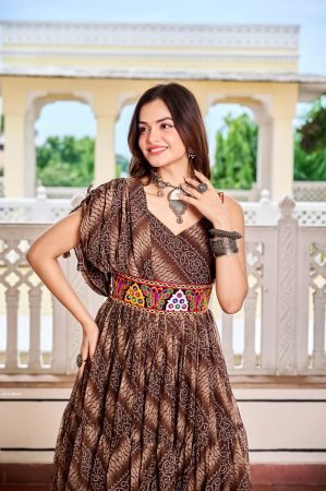 Brown Bandhani Print Gown with Gamathi Work And Real Mirror