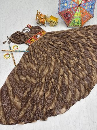 Brown Bandhani Print Gown with Gamathi Work And Real Mirror