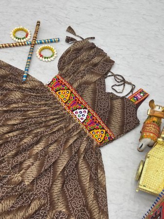 Brown Bandhani Print Gown with Gamathi Work And Real Mirror