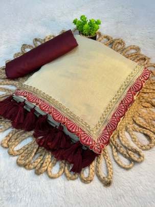 Brown Colour Soft Tissue Handmade Tasseles Saree