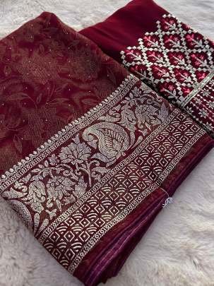 Brown Designer Border Embroidered Georgette Saree With Heavy Unstitch Blouse