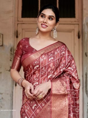 Brown Digital Printed Rich Pallu Pure Silk Saree With Dual Tone Tassels