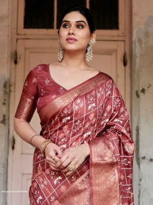 Brown Digital Printed Rich Pallu Pure Silk Saree With Dual Tone Tassels