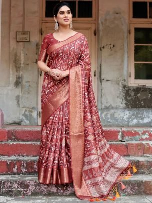 Brown Digital Printed Rich Pallu Pure Silk Saree With Dual Tone Tassels