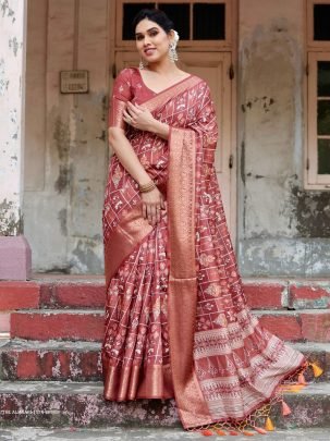 Brown Digital Printed Rich Pallu Pure Silk Saree With Dual Tone Tassels