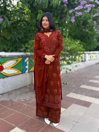 Brown Embroidered Faux Georgette Palazzo Suit with Dupatta for Women