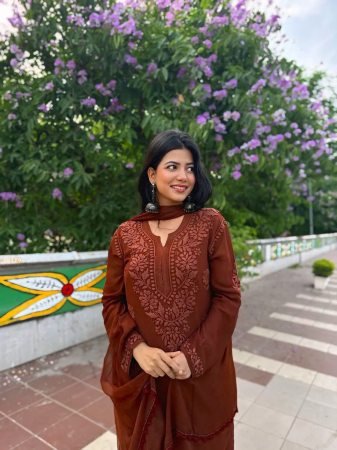 Brown Embroidered Faux Georgette Palazzo Suit with Dupatta for Women