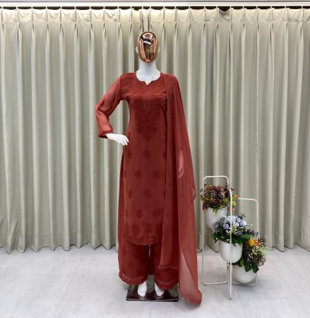 Brown Embroidered Faux Georgette Palazzo Suit with Dupatta for Women