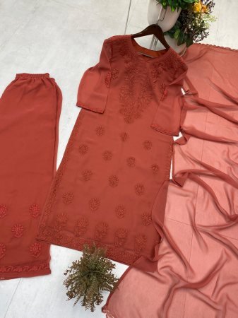 Brown Embroidered Faux Georgette Palazzo Suit with Dupatta for Women
