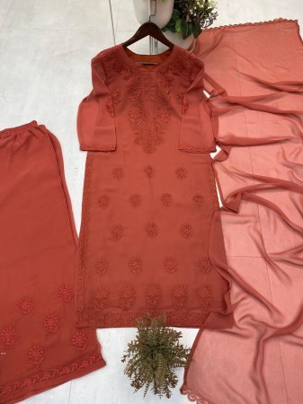 Brown Embroidered Faux Georgette Palazzo Suit with Dupatta for Women